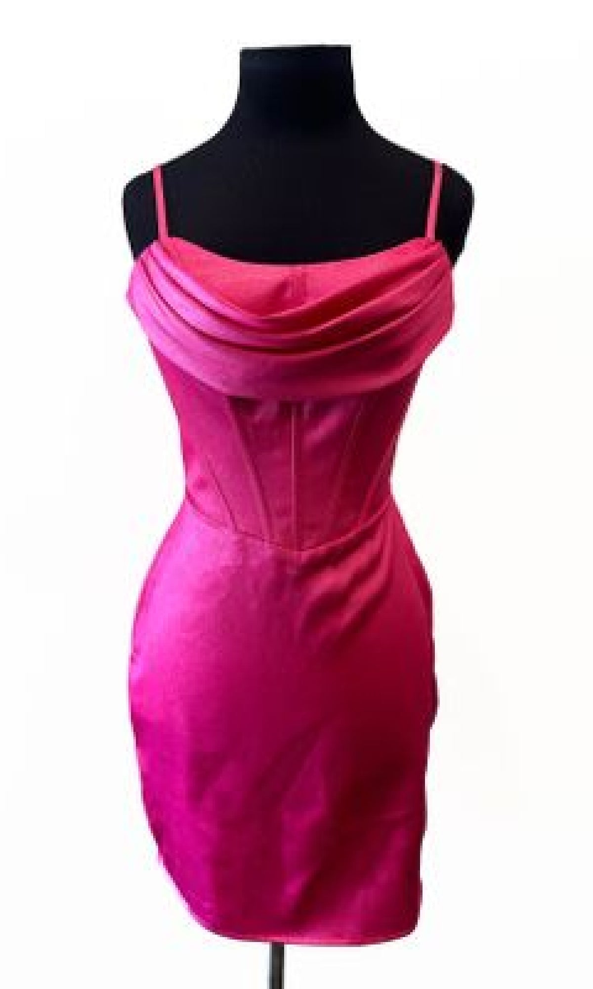 The Cowl-Neck Corset Homecoming Dress: Aerie Couture 843 is a pink satin mini dress with spaghetti straps and a cowl neck, shown on a black dress form against a white background.